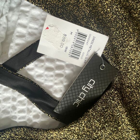 NWT City Chic Metallic Glam Gold Black Vneck Split Strap Cross Back Dress M/18W - Picture 6 of 11